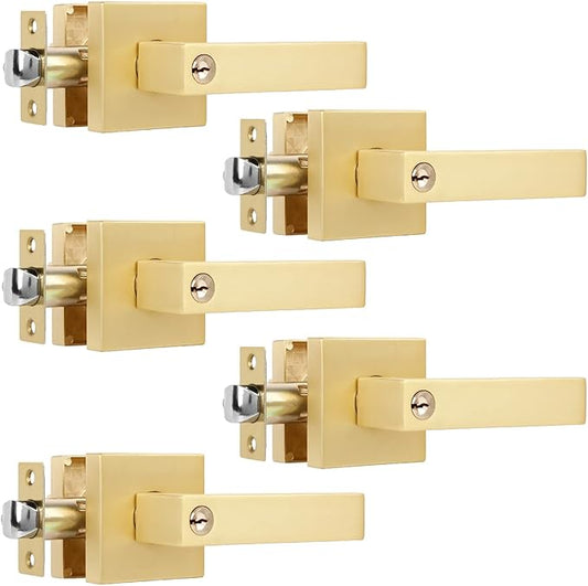 5 Pack Heavy Stain Brass Gold Door Handles, Locked Inside with Button Exterior/Interior Gold Door Knob with Lock Entry Door Lever with Keyed Alike Keys