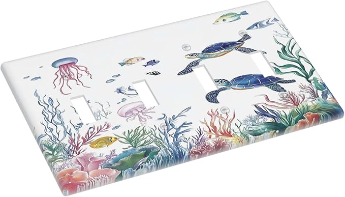 Blue Sea Turtle Ocean Fish Octopus Coral Light Switch Covers Quad Toggle Electrical Faceplate 4 Gang Wall Plate Decorative Switch Plates For Bathroom Kids Room Decor