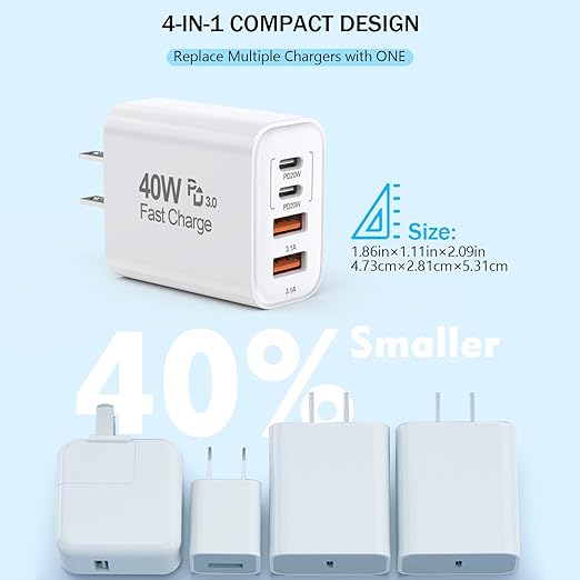 USB C Charger Block, 2Pack 40W 4-Port USB C iPhone Charger Fast Charging Plug Dual Port PD Power Adapter + QC Double Block Multi-port Brick Type C Box Plug for iPhone 16/15/14/13/12/11/Pro Max/XS,iPad