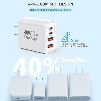 USB C Charger Block, 2Pack 40W 4-Port USB C iPhone Charger Fast Charging Plug Dual Port PD Power Adapter + QC Double Block Multi-port Brick Type C Box Plug for iPhone 16/15/14/13/12/11/Pro Max/XS,iPad
