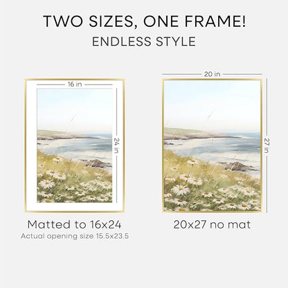 Homeforia 20x27 Picture Frame Gold, High End Metal 20x27 Poster Frames with Mat 16x24 Photo, 20 x 27 Gold Frame Matted to 16 by 24 Print, 27by20 Thin Hanging Frames, Tempered Glass, Wall Kit, Set of 1