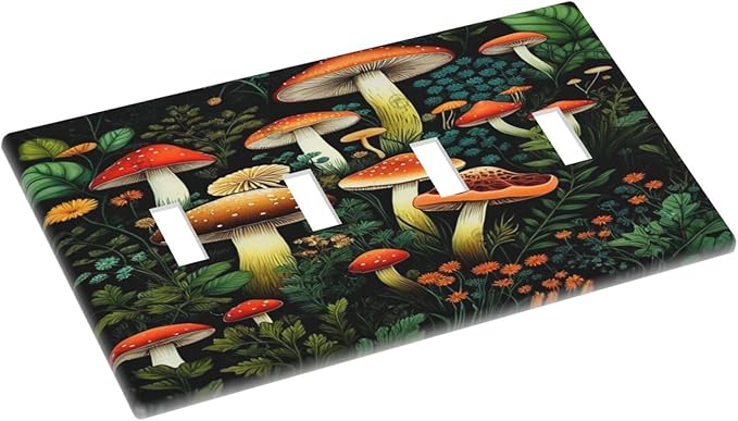 Decorative Light Switch Plate Covers Boho Red Mushroom Green Leaf Plants Floral 4 Gang Wall Plate Switch Cover Plate Quad Toggle Jumbo Electrical Faceplate for Bedroom Home Decor