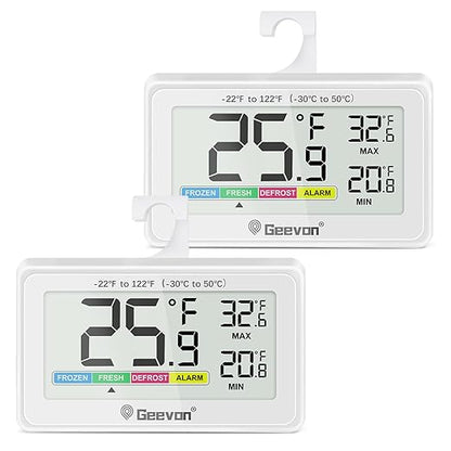 Geevon Digital Refrigerator Thermometer 2 Pack,IP65 Waterproof Fridge and Freeze Thermometer with Magnetic Back Large LCD,Max/Min Record Function for Home,Commercial
