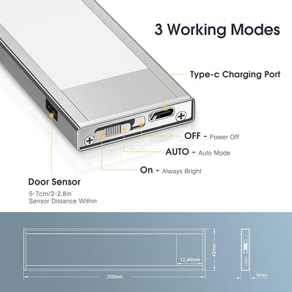 VST Rechargeable Drawer Lighting, Door Open Automatic ON/Off Light, Stick-ON LED Cabinet Light for Wardrobe Kitchen Basement Trunk Pantry Gun Safe (2 Pack, Warm Light - 3000K)