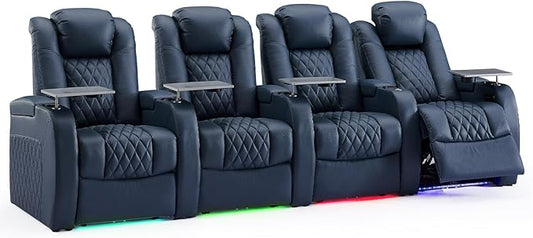 Weilianda Home Theater Seating Top Grain Leather Zero Gravity Recliner Chair Power Headrest Recline Movie Seat Gaming 7 Colors Mood Light Sofa with Tray Table USB Charge Row of 4 Blue