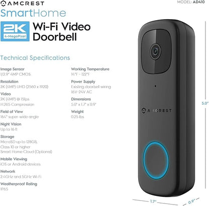 Amcrest 4MP Video Doorbell Camera Pro, Outdoor Smart Home 2.4GHz and 5GHz Wireless WiFi, Micro SD Card, AI Human Detection, IP65 Weatherproof, 2-Way Audio, 164º Wide-Angle Wi-Fi AD410