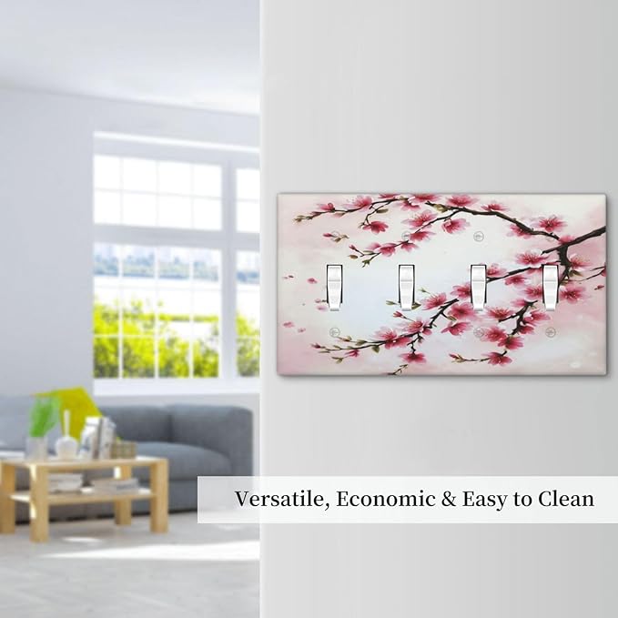 Branch with Pink Flowers Light Switch Covers Quad Toggle 4 Gang Wall Plate Decorative Switchplate Electrical Faceplate for Farmhouse Bathroom Living Decor