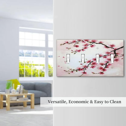 Branch with Pink Flowers Light Switch Covers Quad Toggle 4 Gang Wall Plate Decorative Switchplate Electrical Faceplate for Farmhouse Bathroom Living Decor