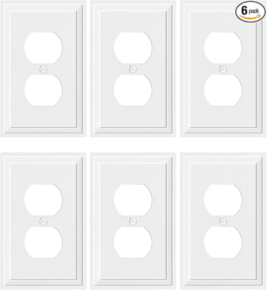 6-Pack Duplex Outlet Cover, Natural Bamboo Fiber Switch Plates and Outlet Covers, White Decorative Wall Plates for Electrical Outlets, 1 Gang Receptacle Cover, Corrosion Resistant