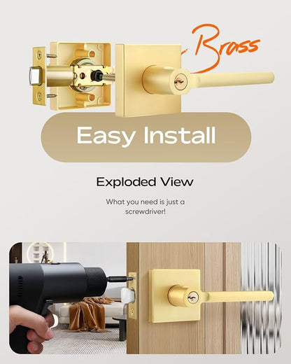 Leydebong 5 Pack Entrance Lever Door Handle [Lock with Three Keys] for Office or Front Door with a Satin Brass Finish, Reversible for Right & Left Side, Entry Lever
