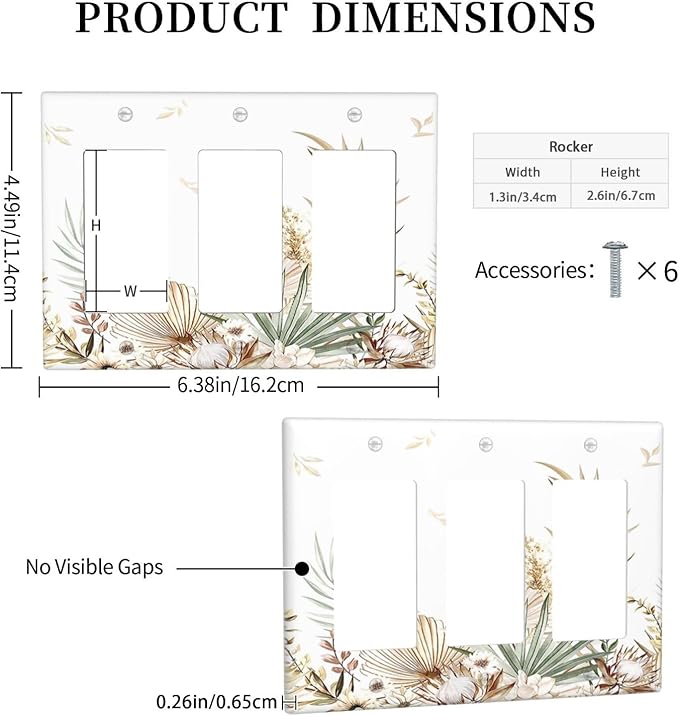 Light Switch Covers Boho Leaves Watercolor Tan Leaf Floral Plant 3 Gang Rocker Electrical GFCI Decorative Triple Outlet Wall Plate Cover Switchplate for Bedroom Home Decor