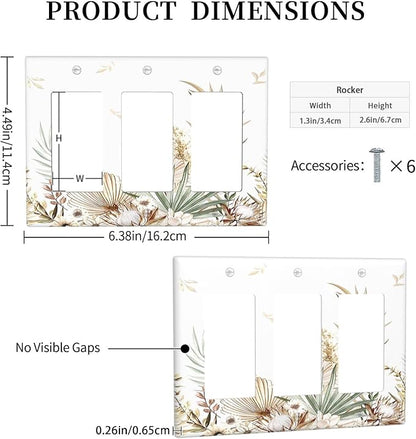 Light Switch Covers Boho Leaves Watercolor Tan Leaf Floral Plant 3 Gang Rocker Electrical GFCI Decorative Triple Outlet Wall Plate Cover Switchplate for Bedroom Home Decor