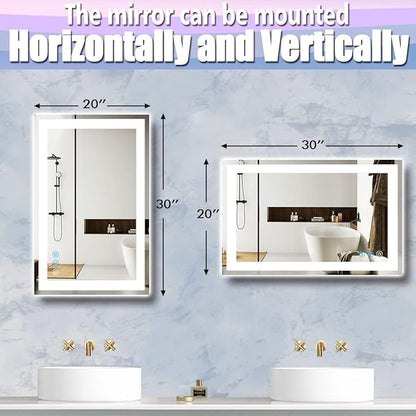 30 x 20 Inch LED Bathroom Mirror with Lights 3 Color Adjustable Brightness Frontlit Anti-Fog 30" Lighted Vanity Mirror for Bathroom Wall Horizontal/Vertical Mounted 30 Smart Light up Mirrors