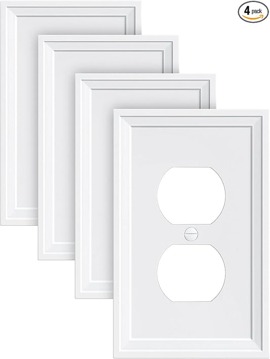 4-Pack Duplex Outlet Cover, Natural Bamboo Fiber Switch Plates and Outlet Covers, White Decorative Wall Plates for Electrical Outlets, 1 Gang Receptacle Cover, Corrosion Resistant