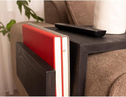 Wooden Couch Arm Tray – Sofa Armrest Table with Book & Magazine Holder, Perfect for Coffee & Remote Control, Solid Wood (Black)