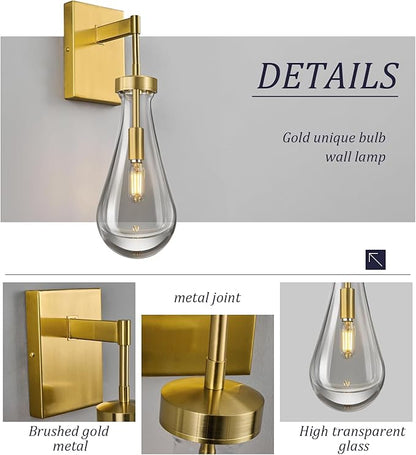 Raindrop Wall Sconces Set of Two Gold Sconces Wall Decor Modern Wall Lighting Glass Bathroom Sconces Indoor Vanity Light Wall Lamp for Bedroom Living Room Stair