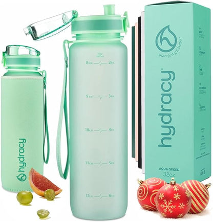 Hydracy Water Bottle with Time Marker -Large BPA Free Water Bottle & No Sweat Sleeve -Leak Proof Gym Bottle with Fruit Infuser Strainer & Times to Drink -Ideal for Fitness Sports & Outdoors
