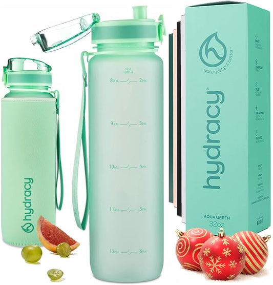 Hydracy Water Bottle with Time Marker -Large BPA Free Water Bottle & No Sweat Sleeve -Leak Proof Gym Bottle with Fruit Infuser Strainer & Times to Drink -Ideal for Fitness Sports & Outdoors