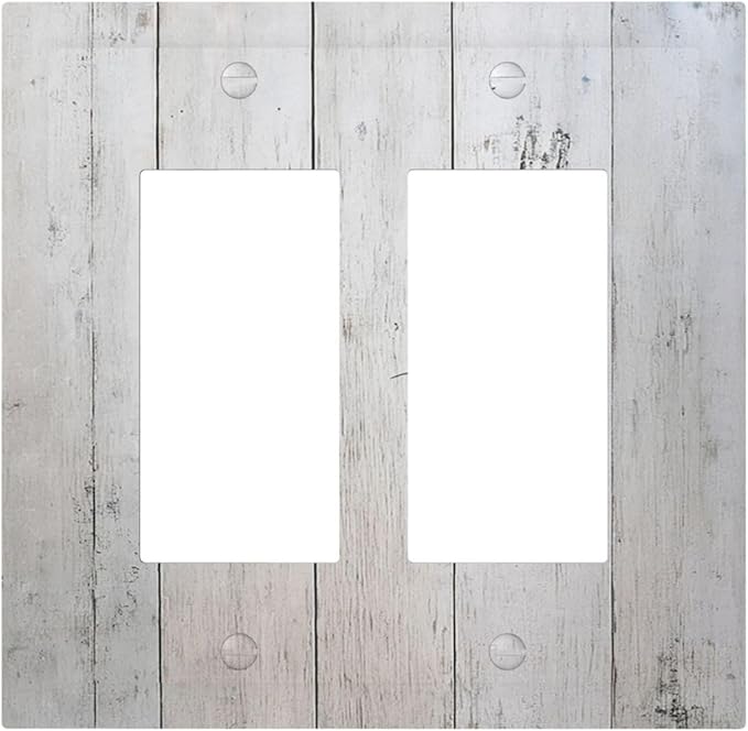 Rustic White Grey Wood Grain Decorative Outlet Covers 2 Gang Double GFCI Rocker Light Switch Cover Plate Electrical Wall Panels for Bedroom Bathroom Decor