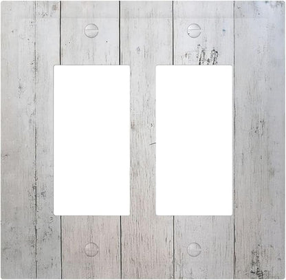 Rustic White Grey Wood Grain Decorative Outlet Covers 2 Gang Double GFCI Rocker Light Switch Cover Plate Electrical Wall Panels for Bedroom Bathroom Decor