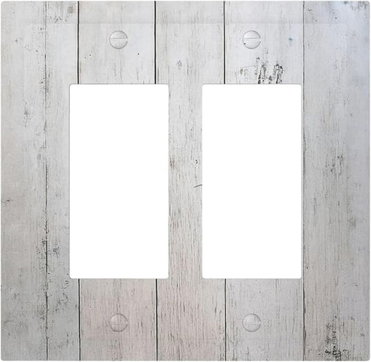 Rustic White Grey Wood Grain Decorative Outlet Covers 2 Gang Double GFCI Rocker Light Switch Cover Plate Electrical Wall Panels for Bedroom Bathroom Decor
