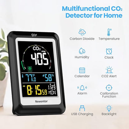 Newentor CO2 Detector with Indoor Temperature Humidity, CO2 Monitor with Clock Alarm, Carbon Dioxide Detector for Home, Portable Air Quality Monitor CO2 Meter Sensor for Tent Garden Plant, Black