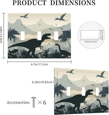 Decorative Switch Plates Prehistoric World Dinosaur Cartoon Fores 3 Gang Wall Plate Triple Toggle Light Switch Cover Faceplate Electrical Wall Panels for Kids Room Nursery Decor