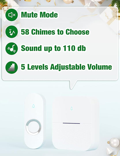 AIDA Lighted Wireless Doorbell, Home Waterproof Doorbell 1,000ft Range, 5 Volume Levels with 58 Doorbell Chimes & LED Flash (White, Doorbell with 2 Buttons & 2 Receivers)