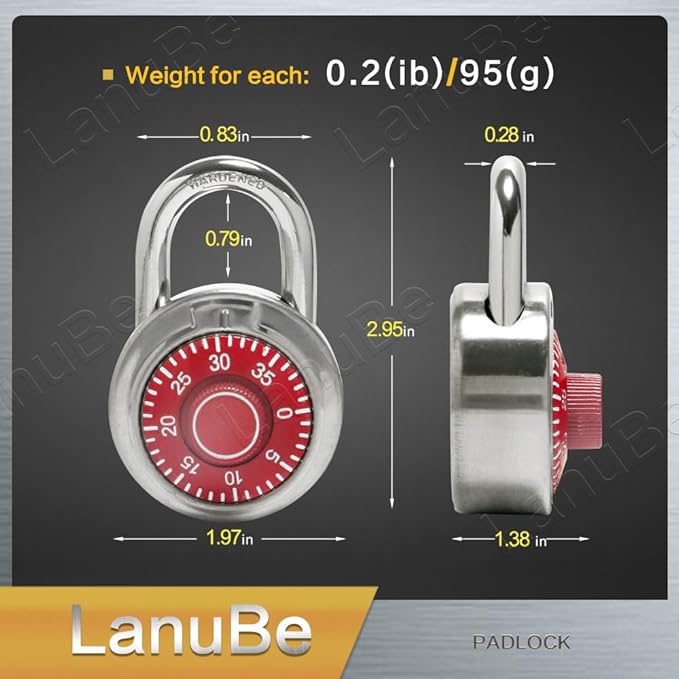 LanuBe Standard Dial Combination Lock, 2 inches. Wide, with Different Combinations, Red Turnplate, Pack of 12; Lock for School, Employee, Gym Sports Locker, Case, Toolbox