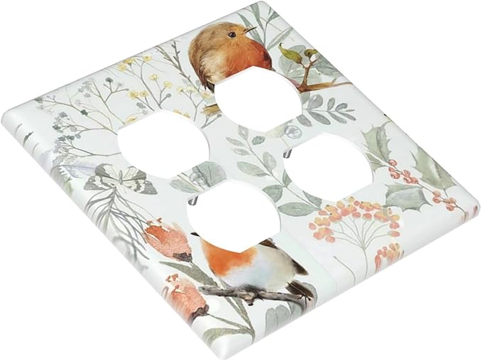 Outlet Covers Red Floral Berries Colorful Bird Plant 2 Gang Double Duplex Decorative Light Switch Covers Electrical Wallplates Socket Faceplate For Bed Room Living Room Decor