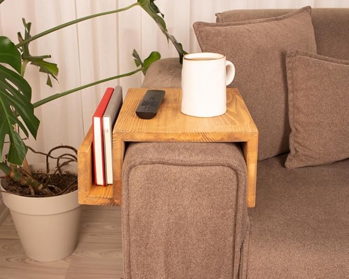 Wooden Couch Arm Tray – Sofa Armrest Table with Book & Magazine Holder, Perfect for Coffee & Remote Control, Solid Wood (Madrid)