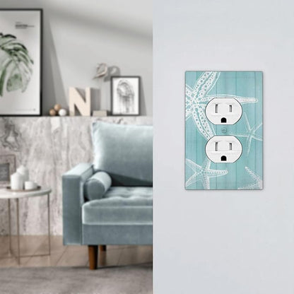 Decorative Outlet Covers Starfish Teal Wood Board Nautical 1 Gang Duplex Light Switch Cover Plate Unique Wall Plates for Electrical Outlets Switch Plate Covers for Bedroom Home Decor