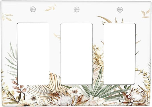 Light Switch Covers Boho Leaves Watercolor Tan Leaf Floral Plant 3 Gang Rocker Electrical GFCI Decorative Triple Outlet Wall Plate Cover Switchplate for Bedroom Home Decor