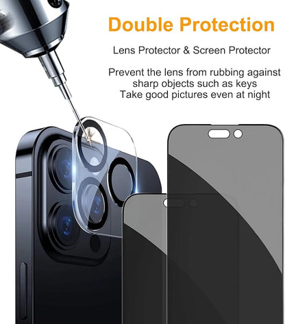 PEHAEL 2+2Pack for iPhone 14 Pro Max Privacy Screen Protector with Camera Lens Protector Full Coverage Anti-Spy Tempered Glass Film 9H Hardness Easy Installation Bubble Free [6.7 inch]