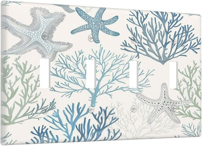 Light Switch Covers Ocean Beach Theme Starfish Seashell Coral Quad Toggle Electrical Faceplate 4 Gang Wall Plate Decorative Switch Plates For Bathroom Kids Room Decor