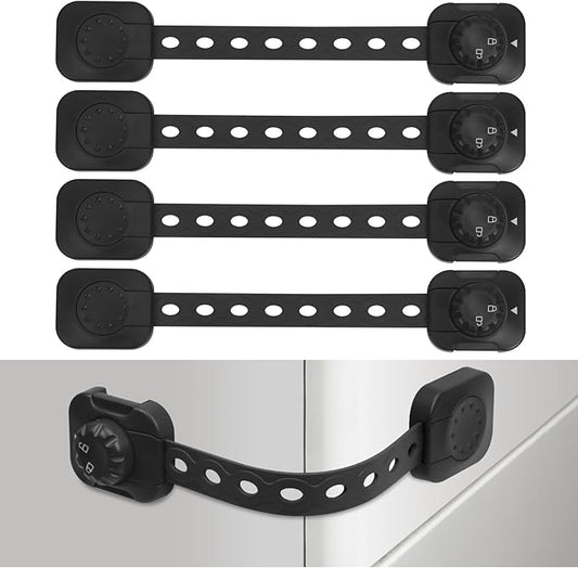 Songaa Child Safety Cabinets Strap Locks 4 Pack - Adjustable Baby Proofing Cabinet Latches for Drawers, Oven, Dishwasher, Fridge, Toilet Seat, Trash Can, with 3M Adhesive Pads - Black
