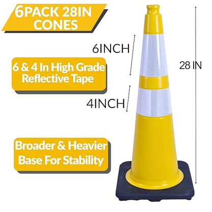 BESEA 6PACK 28 inch Traffic Safety Cones Yellow Road Parking Cones 28" Heavy Duty Construction Cone Structurally Stable for Traffic Control at Public Place(6PCS)