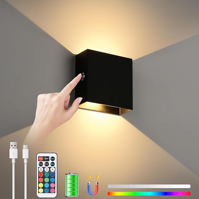 Lightess RGB Battery Operated Wall Sconce with Remote, Dimmable LED Wall Light Rechargeable, Up Down Wall Mount Lights for Hallway Living Room, Black, LG9945887
