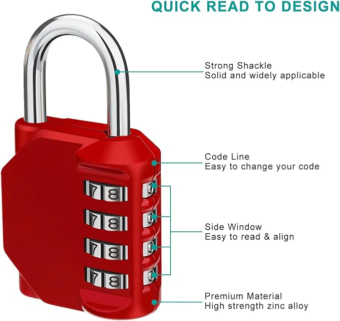 ZHEGE Combination Lock, 4 Digit Outdoor Combination Padlock for Gym, School, Gates, Doors, Hasps and Storage (Red)