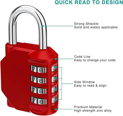 ZHEGE Combination Padlocks, 4 Digit Number Code for Gym, School, Locker Lock, Employee Lock (Red, Pack of 2)