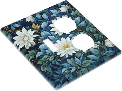 Decorative Outlet Covers Rustic White Floral Flowers Green Blue Leaves 2 Gang Wall Plate Single Toggle Duplex Light Switch Cover Switch Plate Covers Faceplate for Bedroom Home Decor