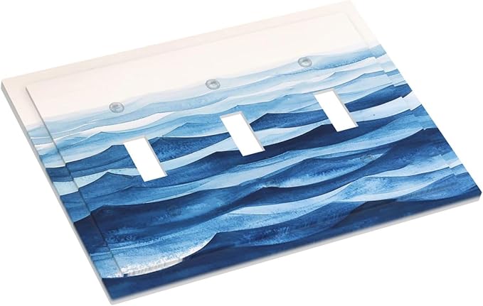 Decorative Light Switch Cover Plate Blue Watercolor Textured Abstract Ocean Wave 3 Gang Wall Plate Triple Toggle Switch Plate Covers Electrical Outlet Cover for Bedroom living Room Decor