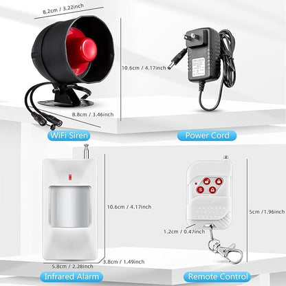 WiFi Alarm Security System, 120dB Wireless Alarm System for Home Security with Free Notification APP Control and Motion Sensor Siren, Remote Control for Shed Garage