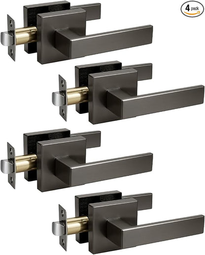 KNOBWELL 4 Pack Black Satin Passage Interior Door Knob with Lever Hallway Closet Door Handle Gunmetal Black