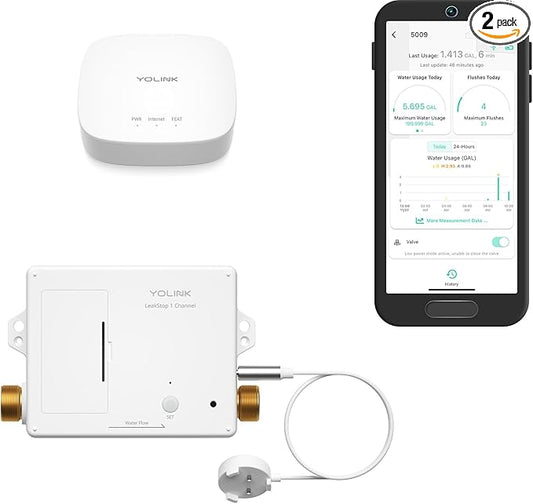 YoLink LeakStop 1-Channel for Toilets/Sinks, Auto Shutoff Valve & Leak Detector, Real-Time Monitoring, LoRa Long-Range, 2 AA Up to 5-Year Battery, App/SMS/Email Alerts – Hub Included