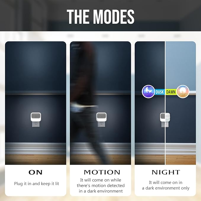 ZISUYU Motion Sensor Night Light Plug in with 3 Modes,Dual Colors,Dimmable,UL-Certified,Dusk to Dawn Sensor Nightlight Plug into Wall Ideal for Home Bathroom Kitchen Hallway Stair Toilet 4 Pack