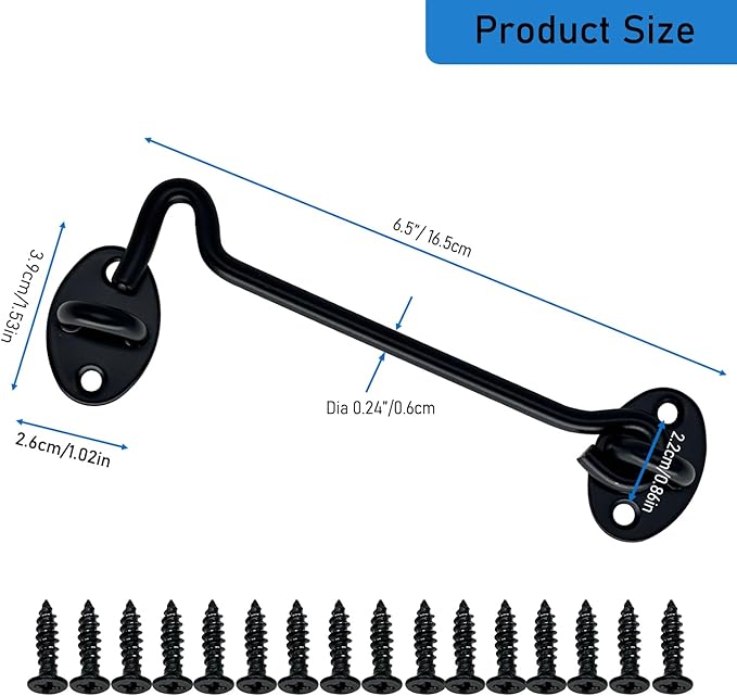 4 Pack 6" Hook and Eye Gate Latch, Stainless Steel Rust-Resistant Barn Door Lock Cabin Hooks for Gate Shutters Window Slide Barn Shed Cabinet Bathroom, with 16pcs Screw,Black