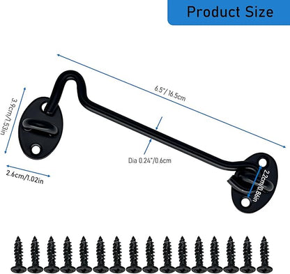 4 Pack 6" Hook and Eye Gate Latch, Stainless Steel Rust-Resistant Barn Door Lock Cabin Hooks for Gate Shutters Window Slide Barn Shed Cabinet Bathroom, with 16pcs Screw,Black