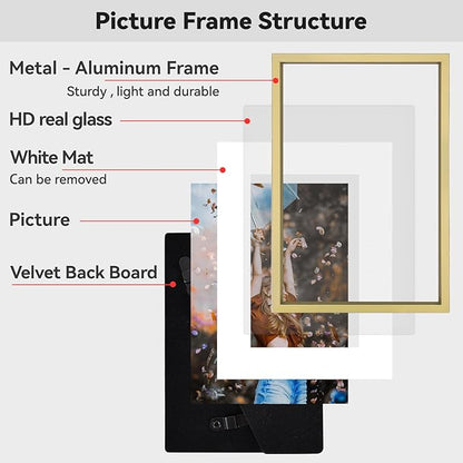 8.5x11 Picture Frame, Brass Metal Photo Frames with HD Glass, Fits 5x7 with Mat or 8.5 x 11 without Mat, Display for Wall and Table, 1 Pack