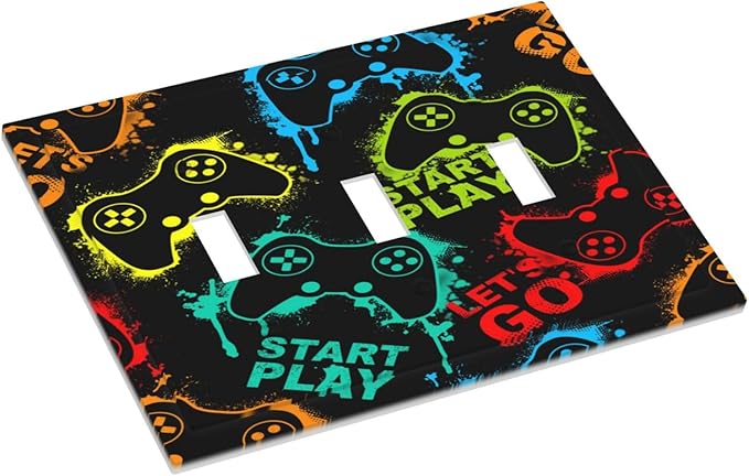 Decorative Light Switch Plate Covers Gamepad Theme Graffiti 3 Gang Light Switch Cover Triple Toggle Wall Plate Outlet Covers for Game Room Bedroom Home Decor